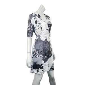 KOMAROV Wrap Dress Gray black Print Waist strap Petite sz L